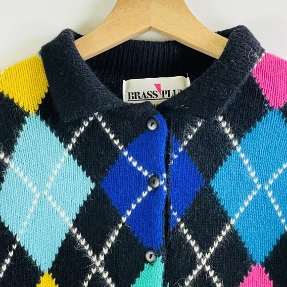 Brass Plum Vintage 80s Rainbow Argyle Angora Wool Blend Sweater Womens Sz Small - Picture 2 of 7